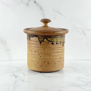 Vintage Brown Handmade Pottery Drip Jar W/ Lid Medium